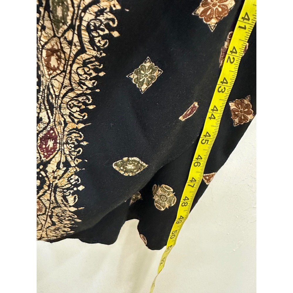 Meghan Matthews Vintage Batik Midi Dress Black Gold Faux Wrap Side Tie Rayon 10 - Picture 8 of 8